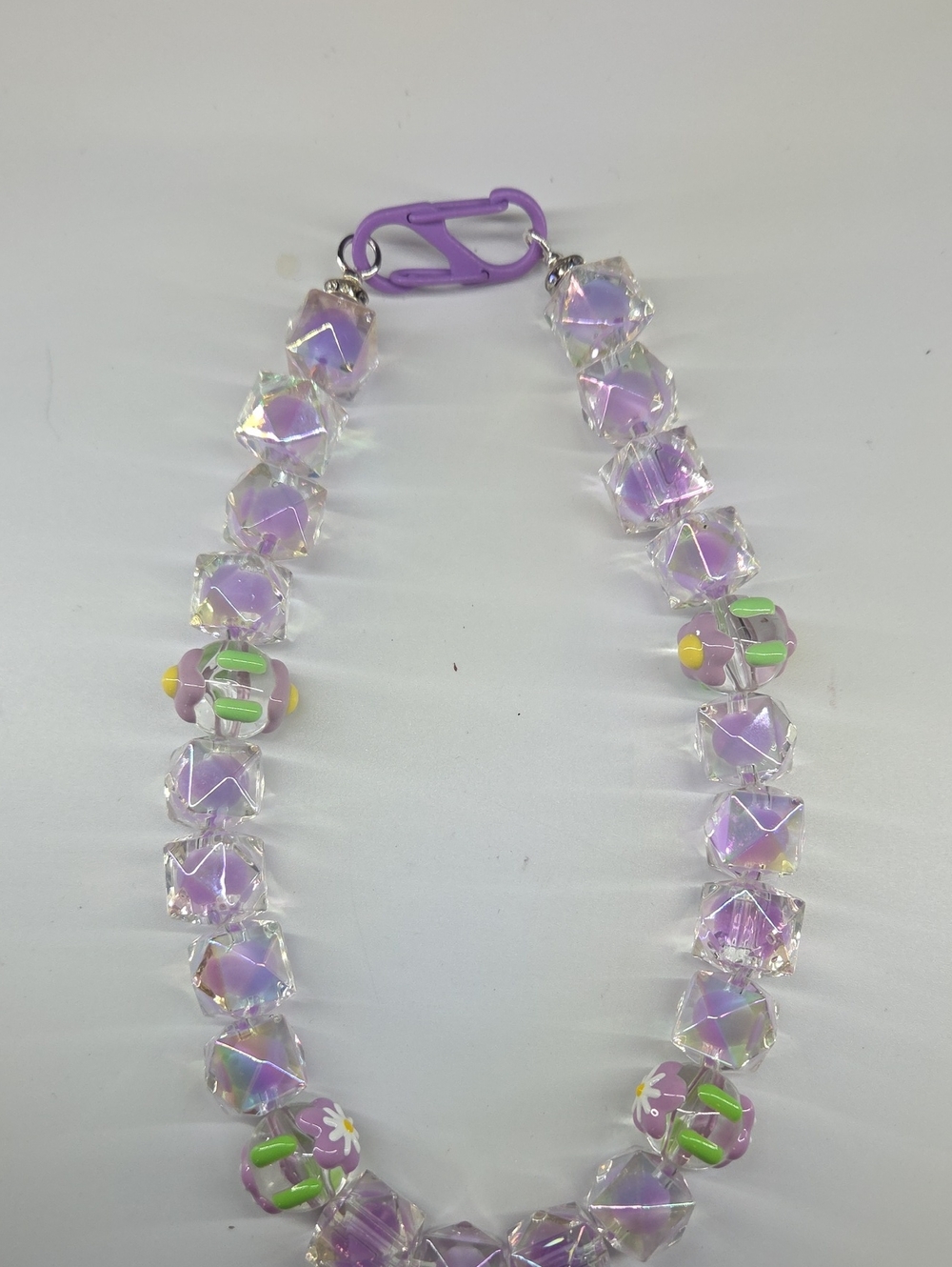 Purple Iridescent Beaded Chain With Hand Painted Neads And Diamond Style Beads.